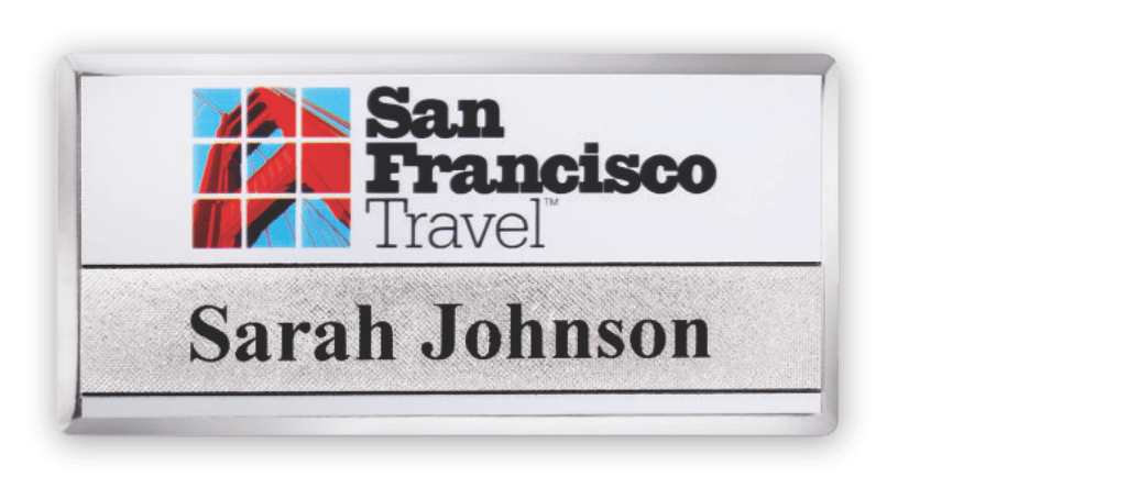 White and silver rectangle metal name tag