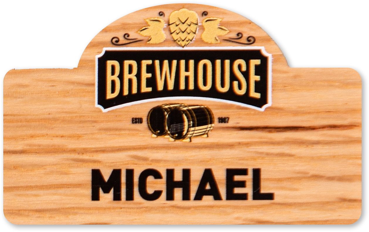 Specialty-shaped wood name tag with name and logo