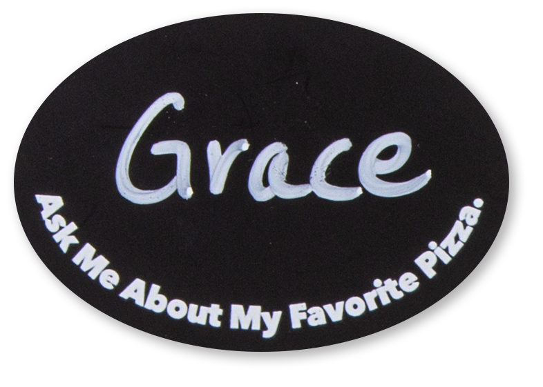 Chalkboard oval custom name tag with the name Grace on it
