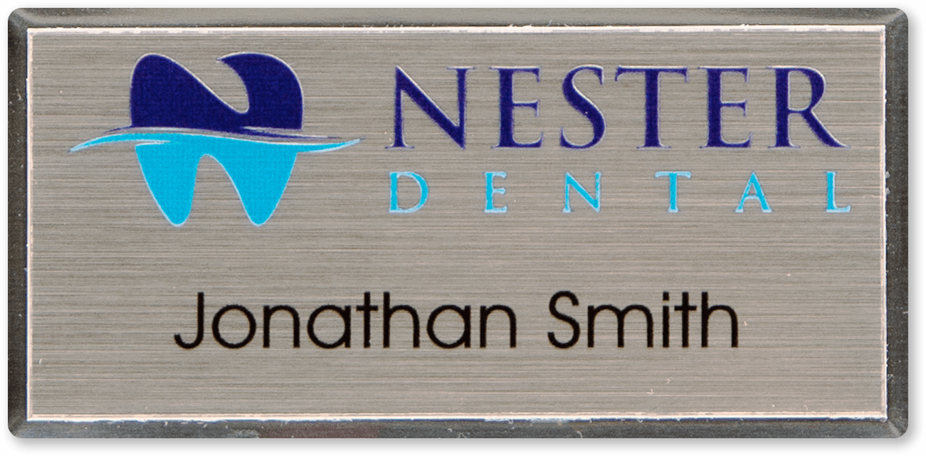 Classic beveled metal rectangle custom name tag for Nester Dental