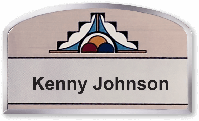 Classic beveled metal specialty shape breadloaf custom name tag with the name Kenny Johnson on it