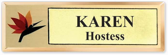 Gold beveled metal bar name tag with the name Karen