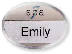 silver oval metal beveled custom name tag