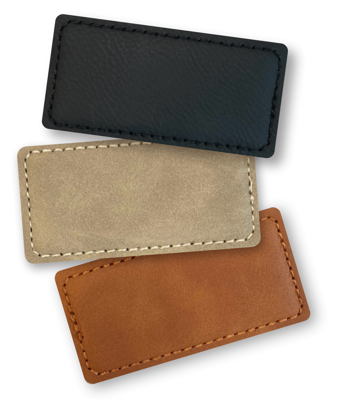 Three leather name tag blanks in black, tan, and brown rectangles