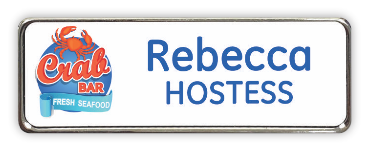 Silver and white metal frame rectangle name tag for a Hostess