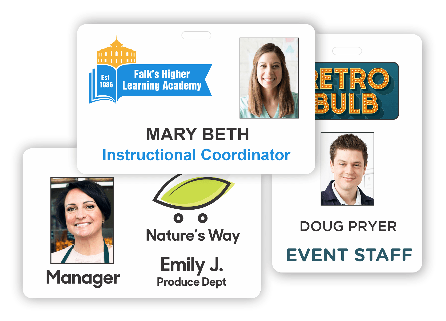 Three photo ID badges with varying logos and names/photos