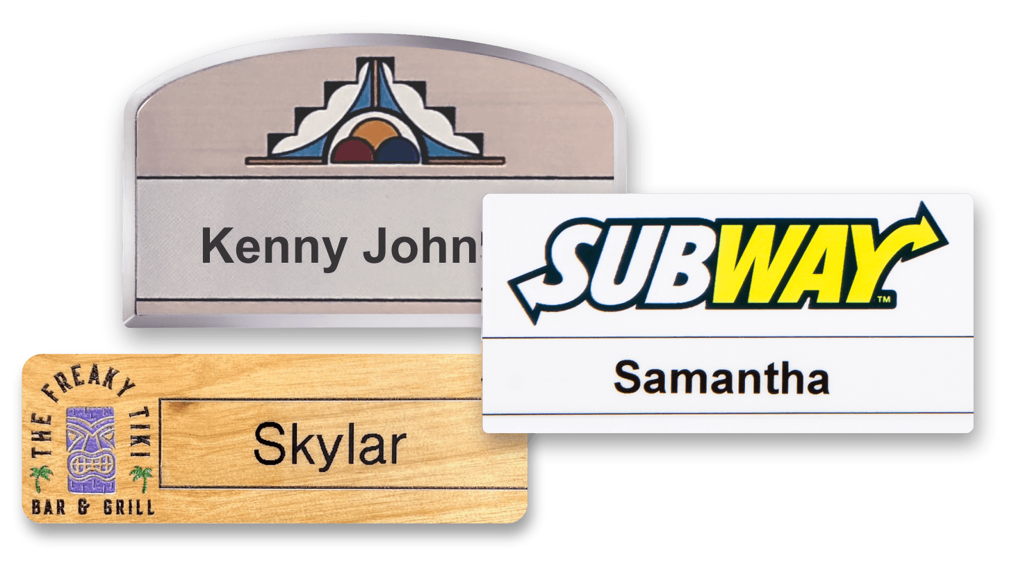 Reusable group of name badges in metal, wood, and plastic with printed labels