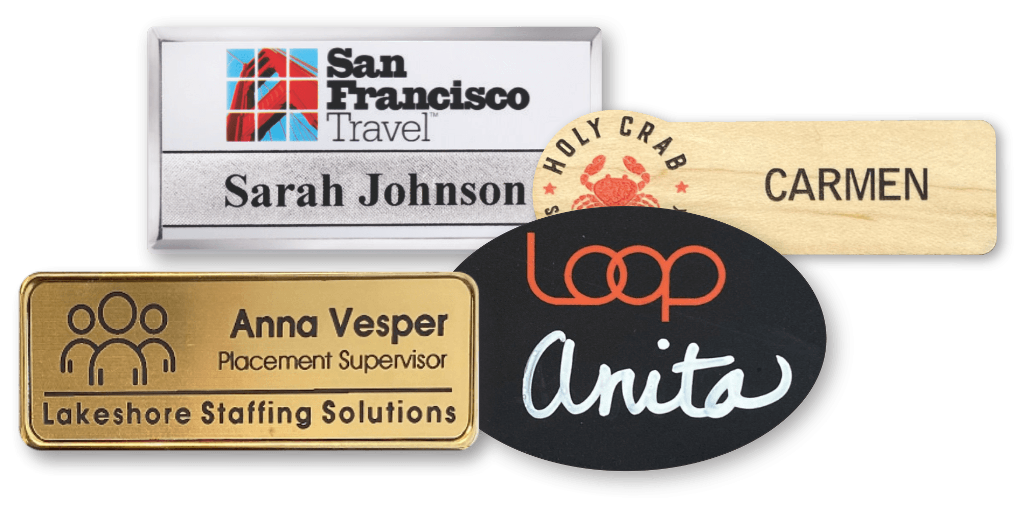 Grouping of two badges; one wood and one plastic