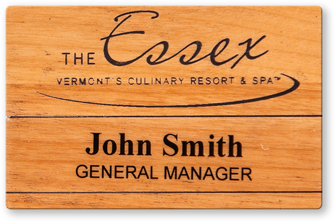 Maple wood rectangle name tag with the name John Smith