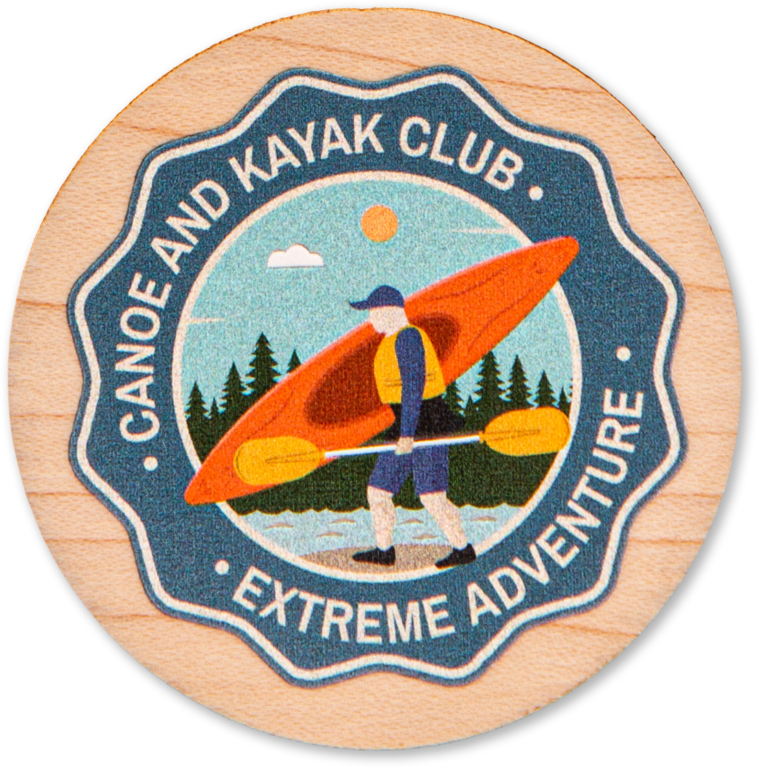Maple wood circle name tag for a kayak club