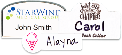 Three custom plastic name tags with names and logos