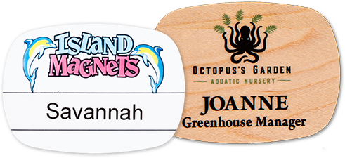 Two custom plastic and wooden name tags with names and logos