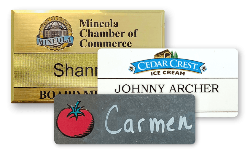 Reusable group of name badges in metal, chalkboard, and plastic
