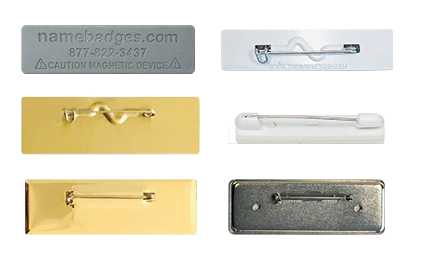 A mix of name tag and badge fasteners and backings in plastic, metal, and magnetic material