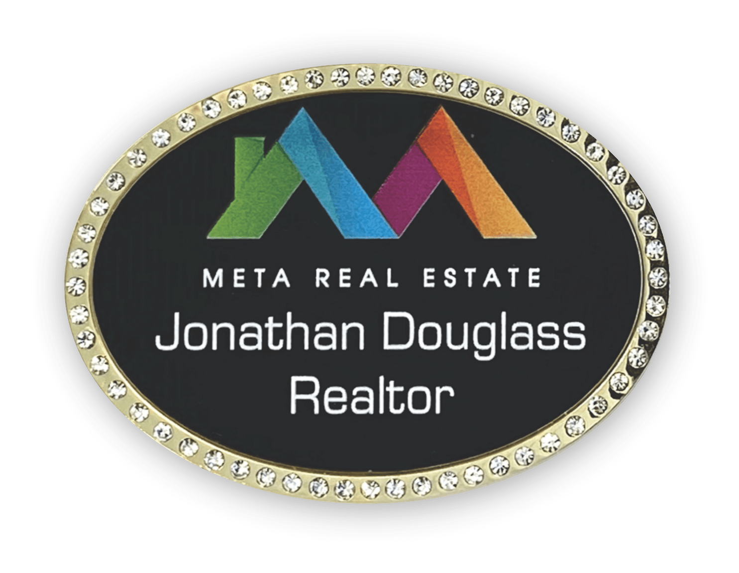 Oval gold bling badge with multicolored realtor logo