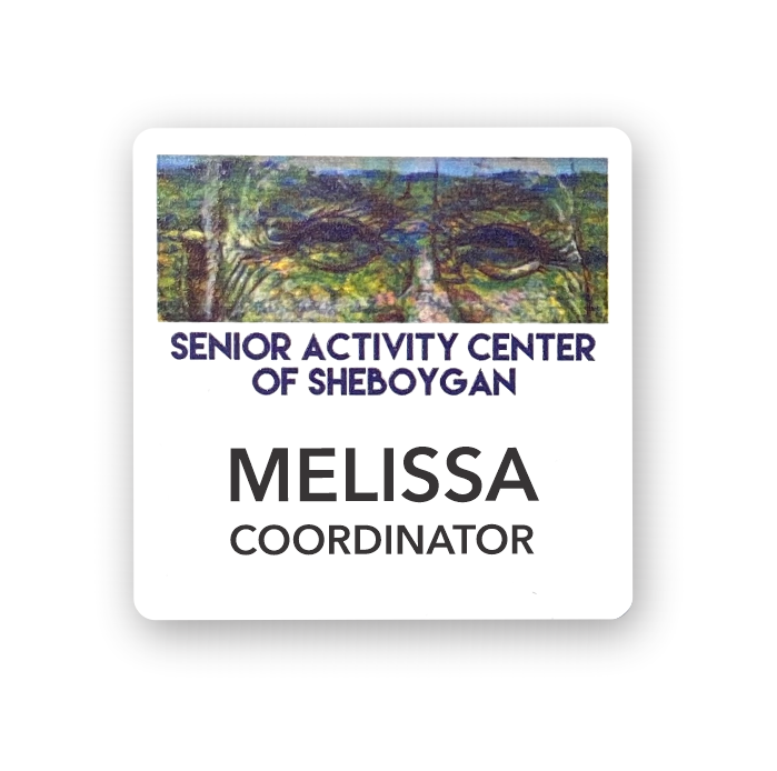 White square shape name tag with image