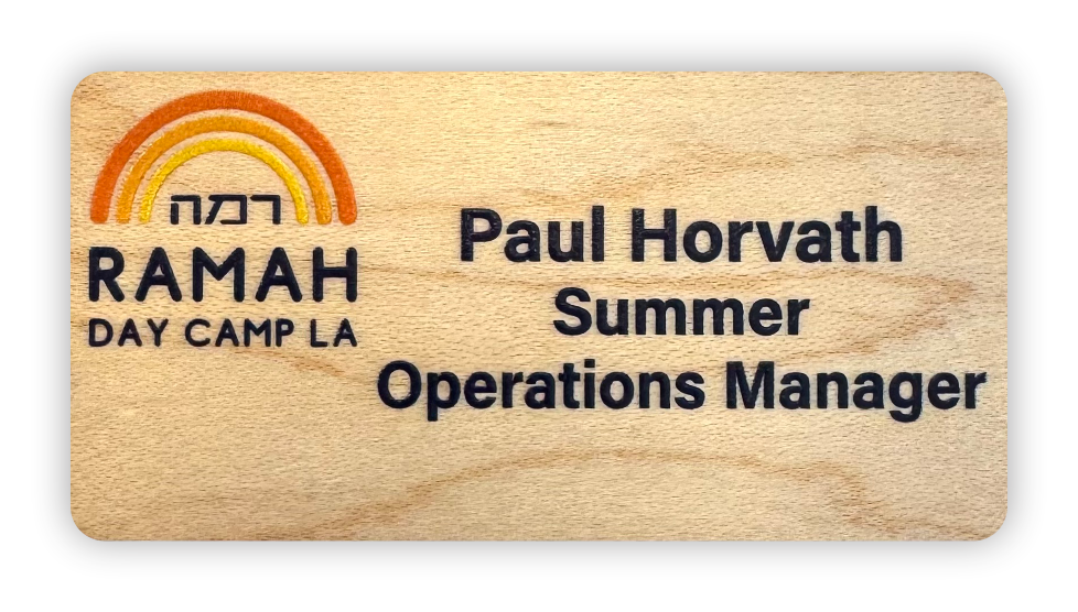 Wooden rectangle shape name tag with logo