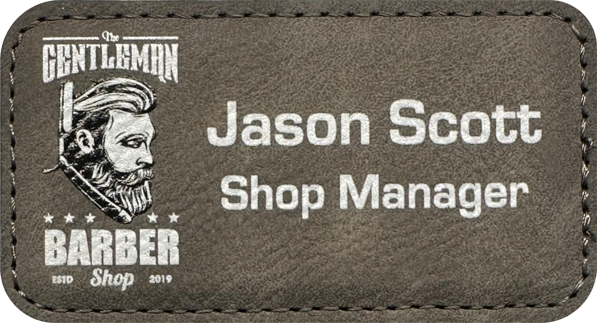 gray leather wide rectangle custom name tag