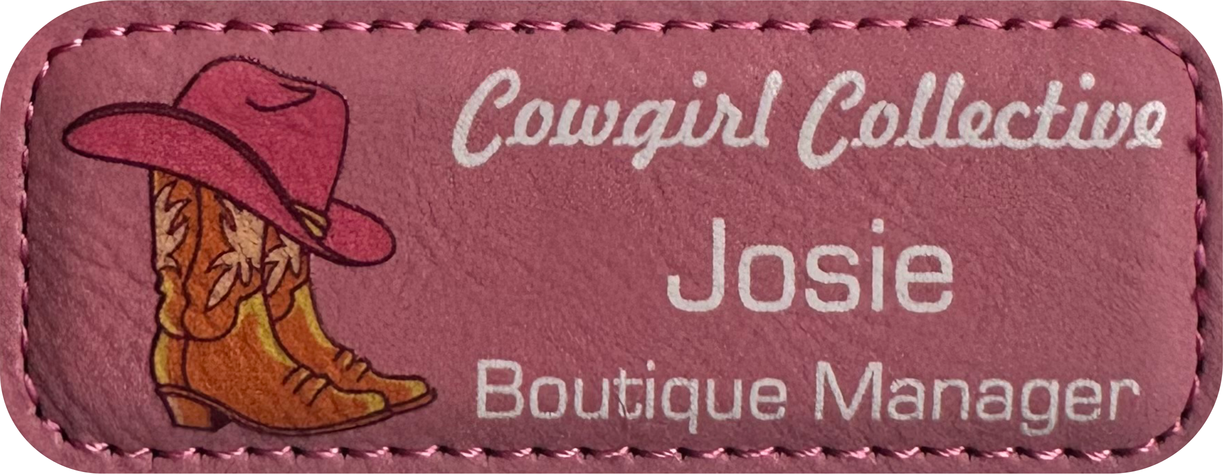 pink leather narrow rectangle custom name tag
