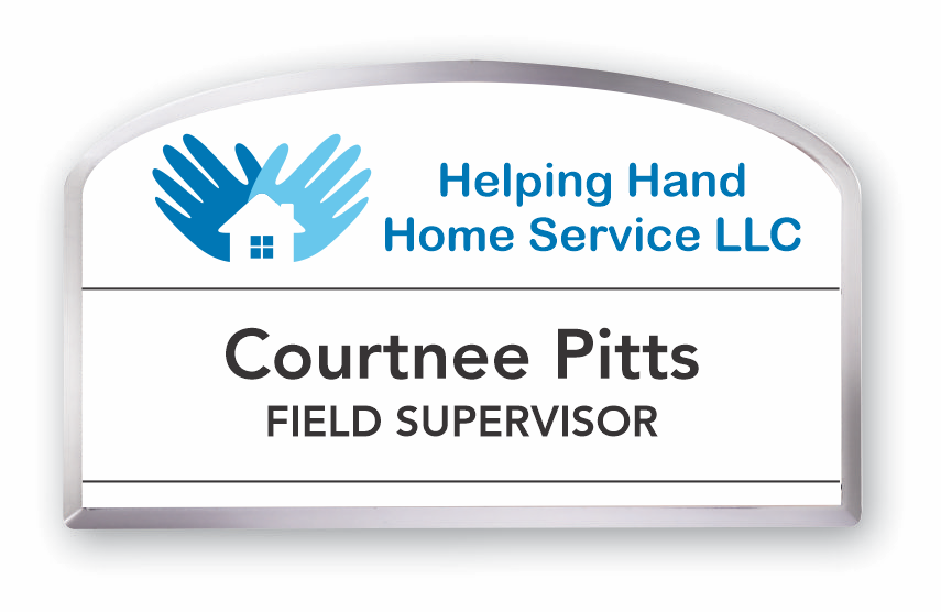 Beveled metal healthcare name tag with home image