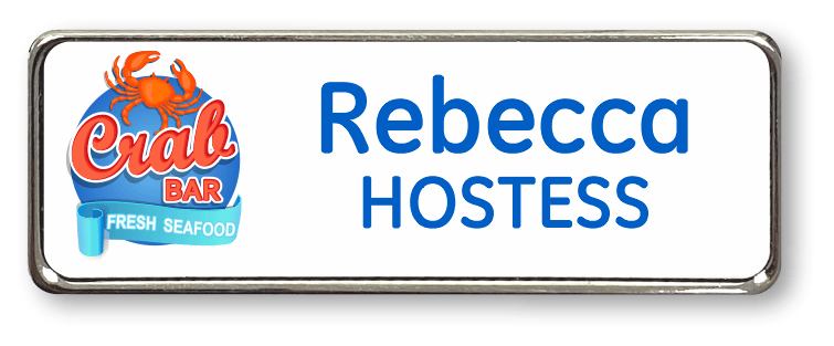 blue and white metal frame rectangle custom name tag for a hostess