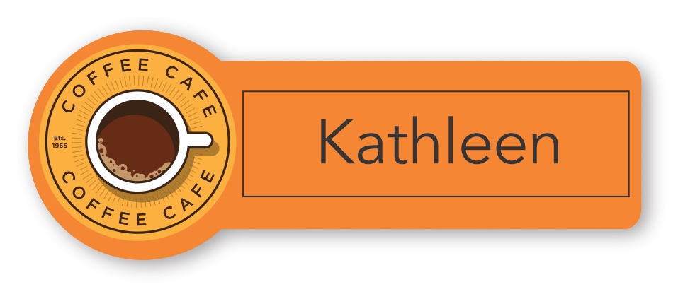 Orange custom shape name tag with a coffee cup on it