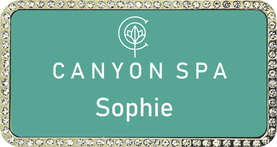 rectangle gold and teal custom bling badge for a spa
