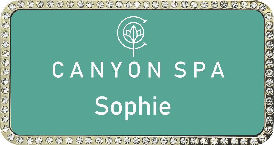 rectangle gold and teal custom bling badge for a spa 